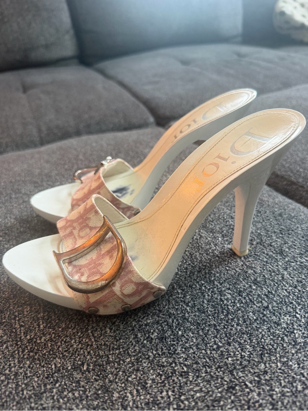 Dior White and Pink Logo Canvas Buckle Mule Heels